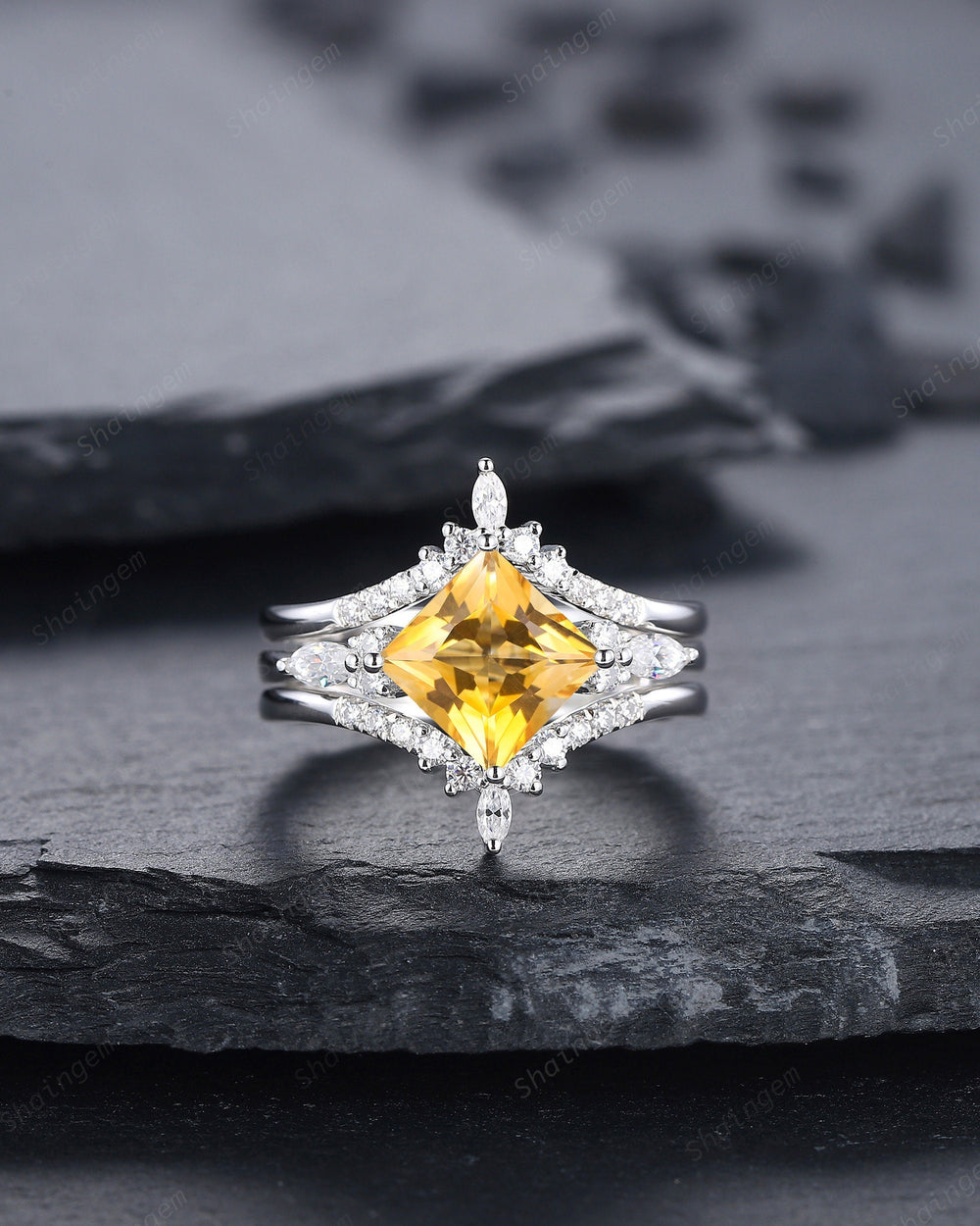 Princess Cut Citrine Promise Ring, Citrine Engagement Ring Set with Ring Guard Spacer, Sterling Silver Citrine Wedding Set, Promise Ring - ShainJewelry