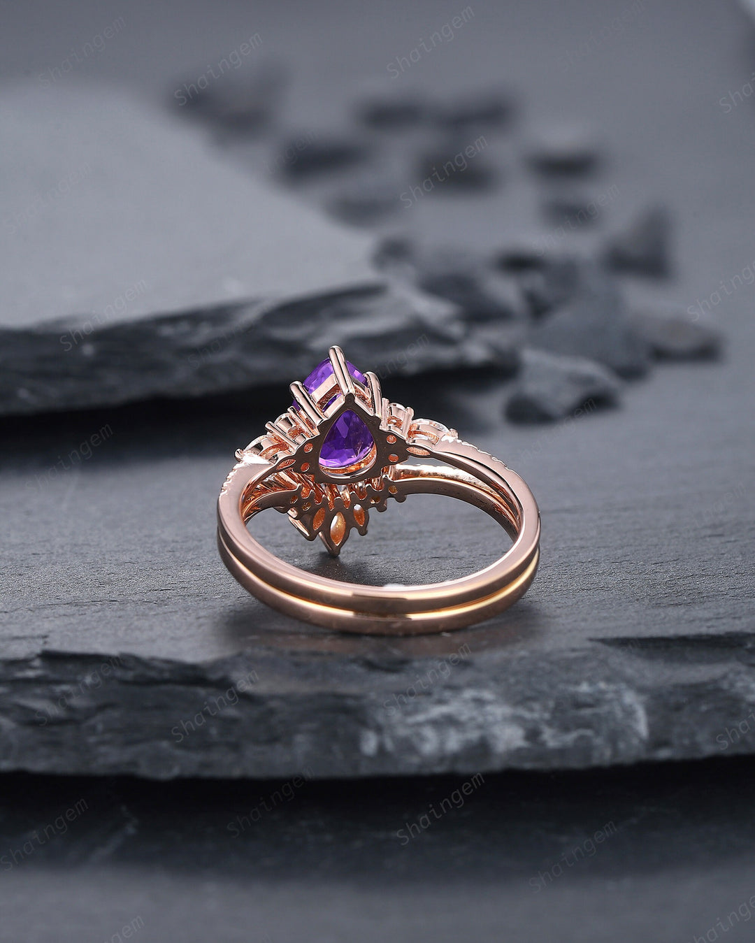 Vintage Amethyst Cluster Engagement Ring Set, Unique Rose Gold Amethyst Wedding Set, Amethyst Bridal Set Anniversary Promise Ring Set Gift - ShainJewelry
