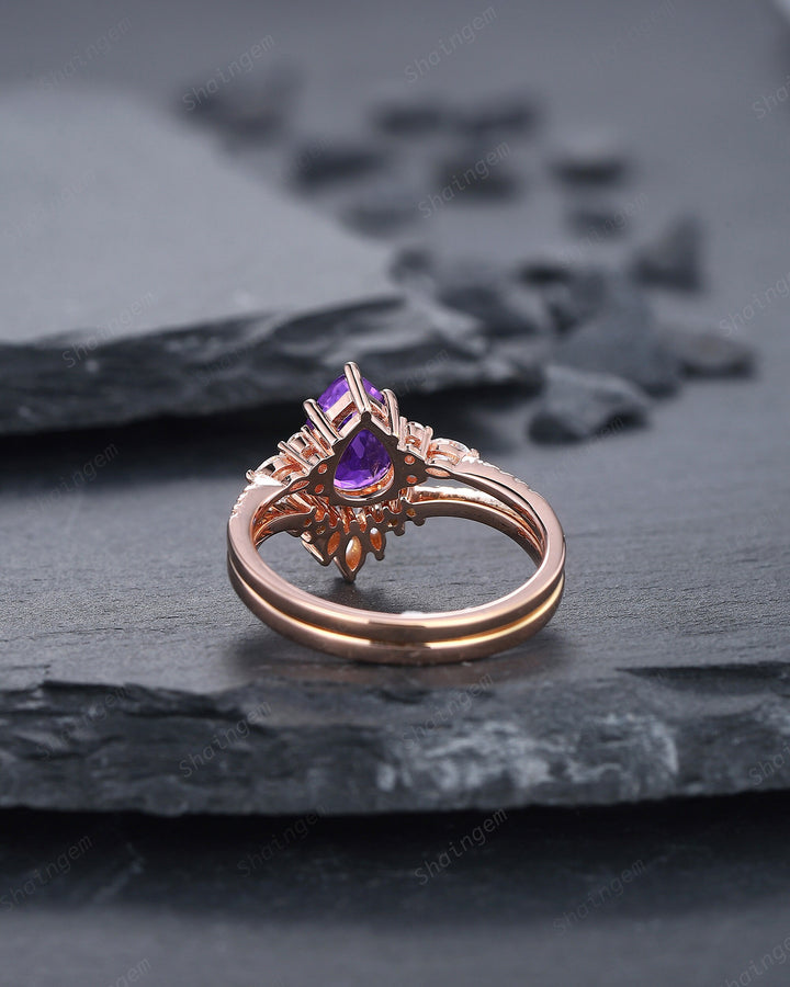 Vintage Amethyst Cluster Engagement Ring Set, Unique Rose Gold Amethyst Wedding Set, Amethyst Bridal Set Anniversary Promise Ring Set Gift - ShainJewelry