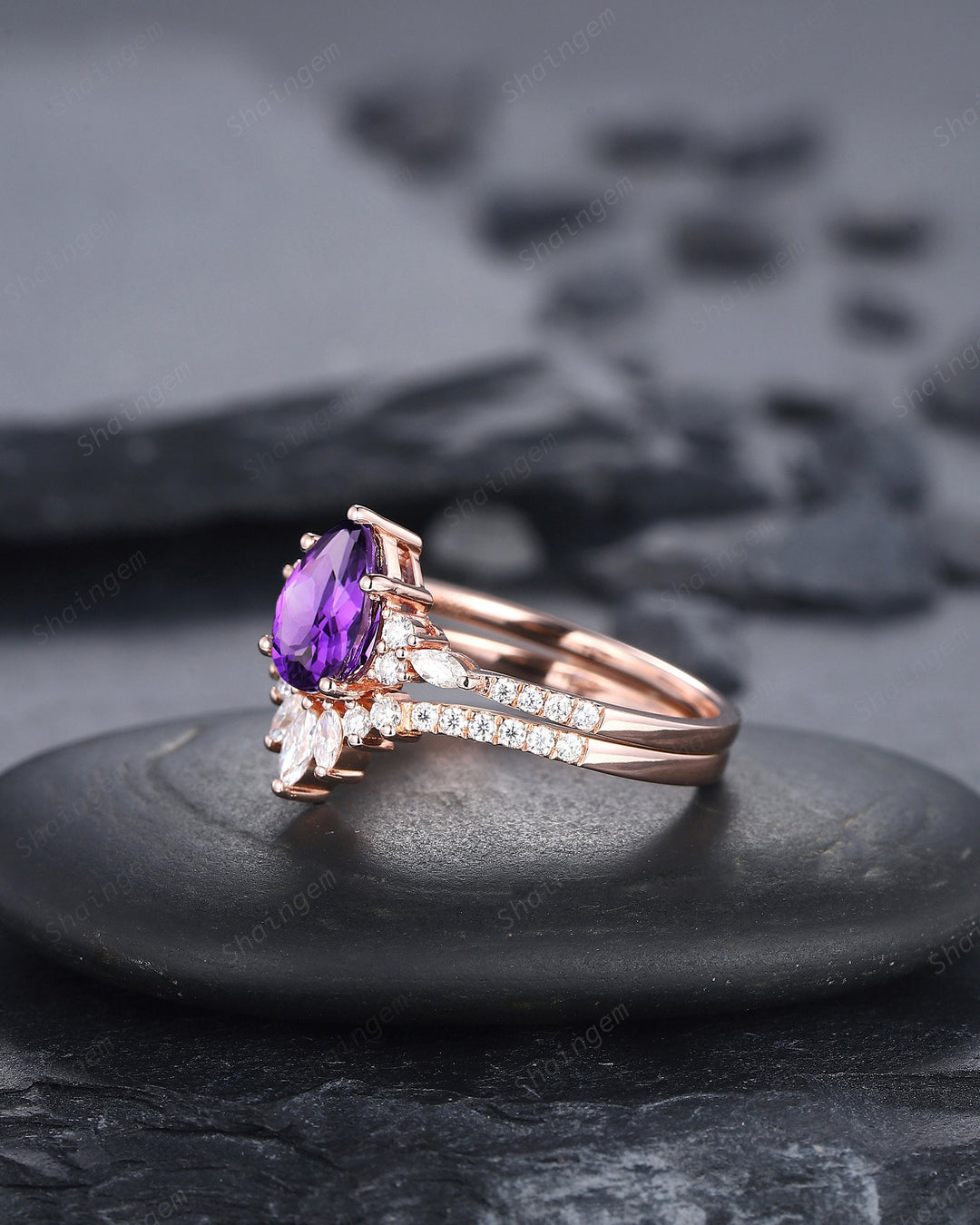Vintage Amethyst Cluster Engagement Ring Set, Unique Rose Gold Amethyst Wedding Set, Amethyst Bridal Set Anniversary Promise Ring Set Gift - ShainJewelry