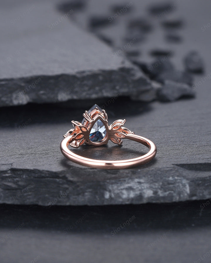 Vintage Pear Cut Cluster Blue Moissanite Engagement Ring, Unique 14K Rose Gold Moissanite Wedding Ring, Blue Moissanite Promise Ring - ShainJewelry