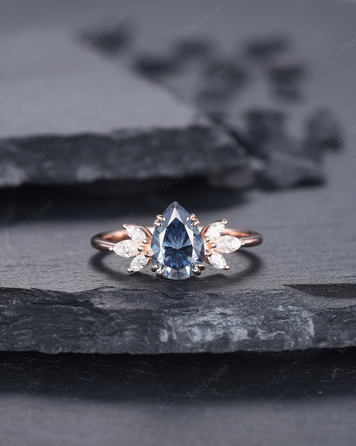 Vintage Pear Cut Cluster Blue Moissanite Engagement Ring, Unique 14K Rose Gold Moissanite Wedding Ring, Blue Moissanite Promise Ring - ShainJewelry