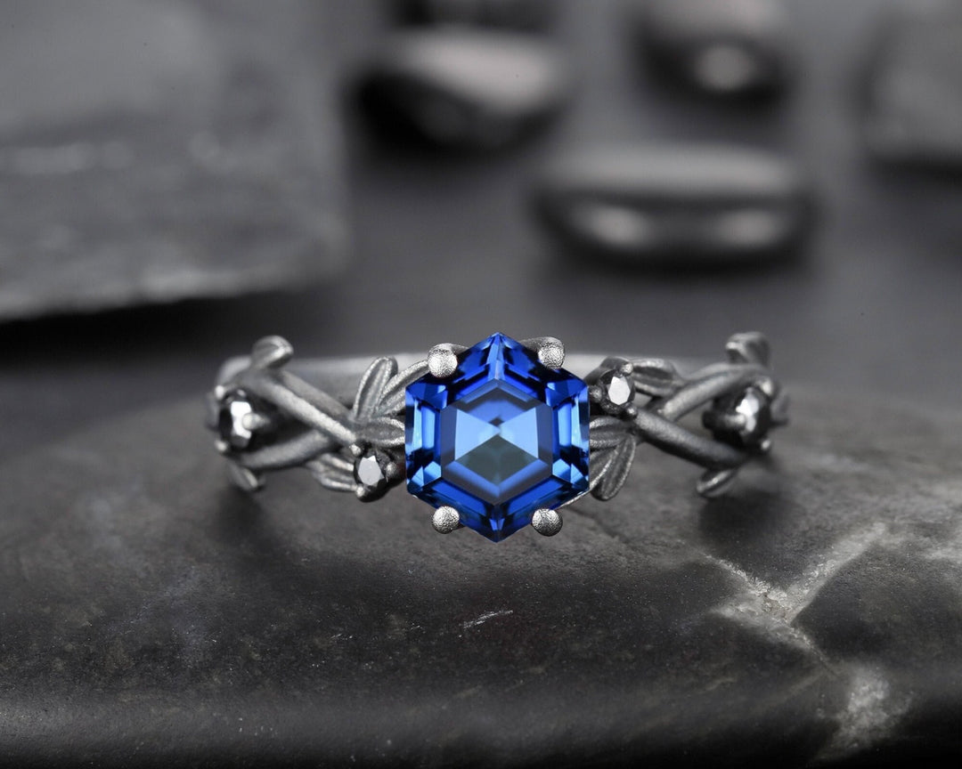 Black Gold Vermeil Hexagon Lab Blue Sapphire Engagement Ring, Rhodium Black Finish Leaf Twig Branch Sapphire Promise Anniversary Ring Gift - ShainJewelry