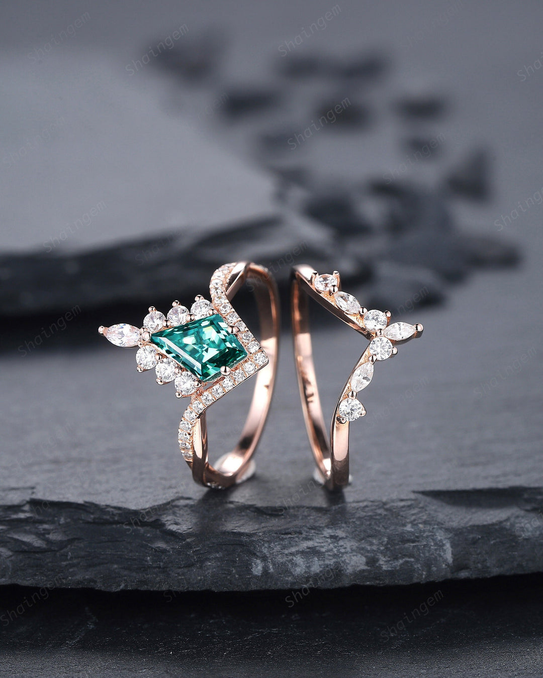 Unique Kite Cut Green Moissanite Engagement Ring Set, Vintage 14K Rose Gold Halo Wedding Ring, Curved Bridal Set, V Shape Promise Ring Gift - ShainJewelry