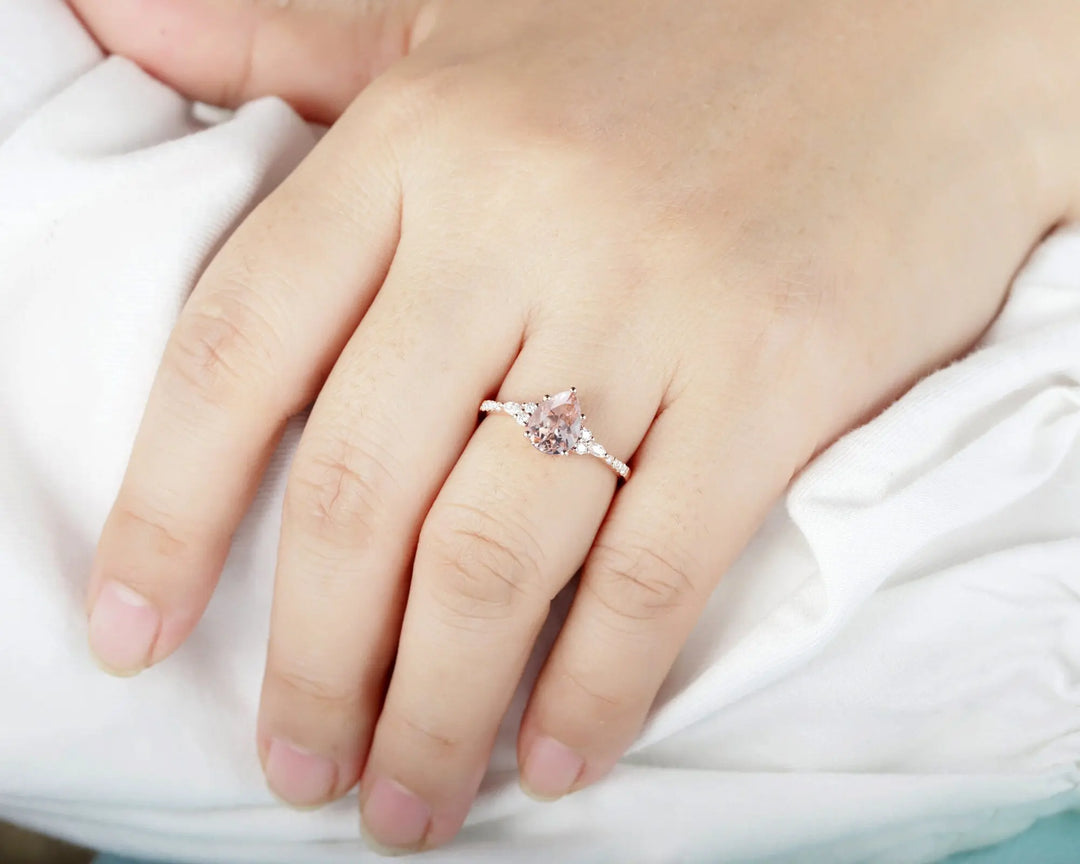 Vintage Pear Pink Morganite Engagement Ring, Unique 14K Rose Gold Teardrop Morganite Wedding Ring, Art Deco Morganite Promise Ring Gift - ShainJewelry