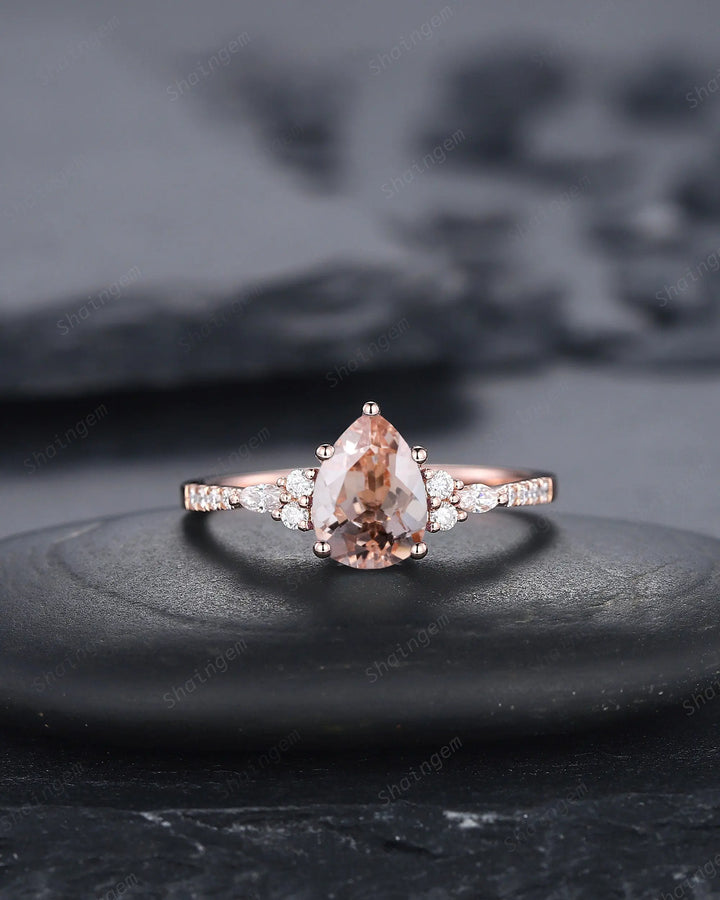 Vintage Pear Pink Morganite Engagement Ring, Unique 14K Rose Gold Teardrop Morganite Wedding Ring, Art Deco Morganite Promise Ring Gift - ShainJewelry