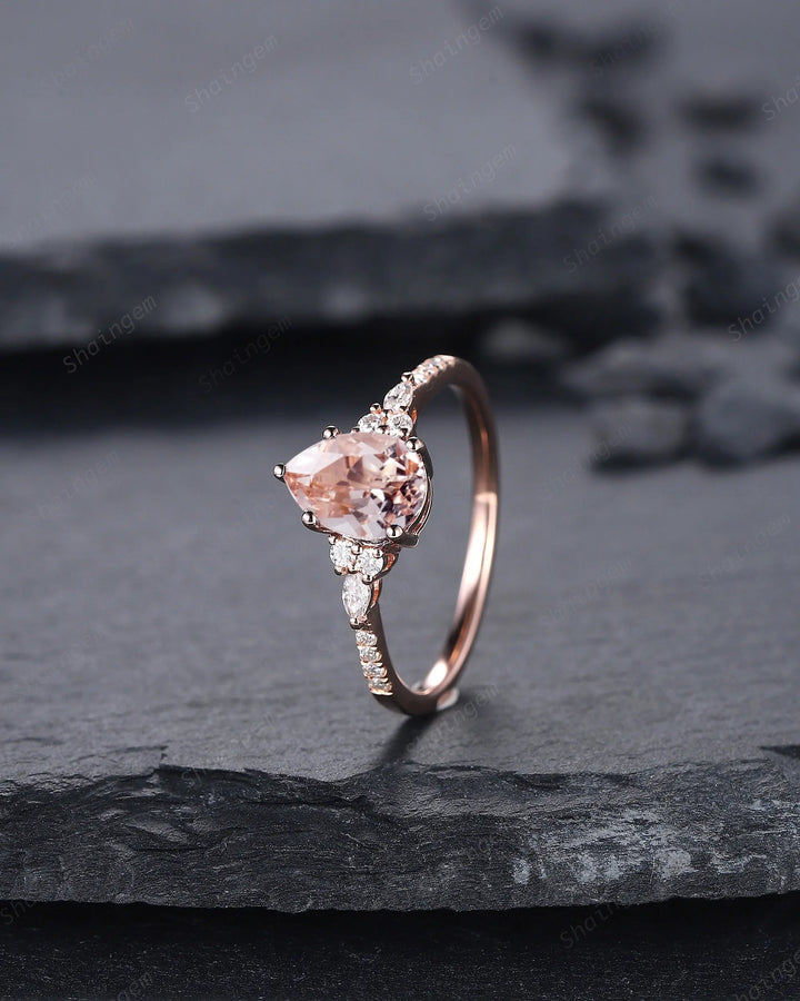 Vintage Pear Pink Morganite Engagement Ring, Unique 14K Rose Gold Teardrop Morganite Wedding Ring, Art Deco Morganite Promise Ring Gift - ShainJewelry