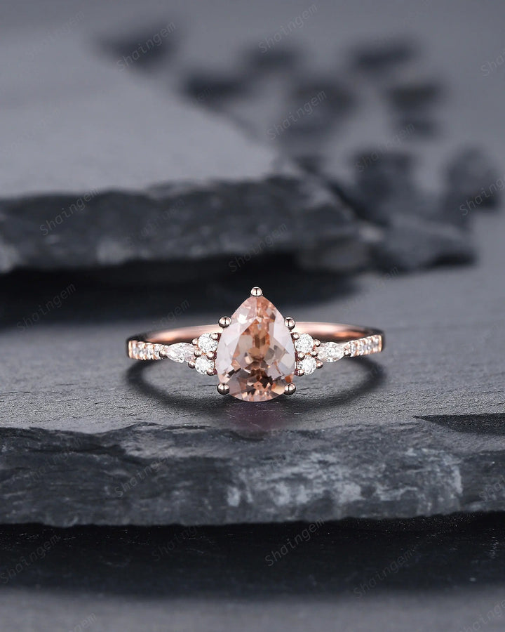 Vintage Pear Pink Morganite Engagement Ring, Unique 14K Rose Gold Teardrop Morganite Wedding Ring, Art Deco Morganite Promise Ring Gift - ShainJewelry