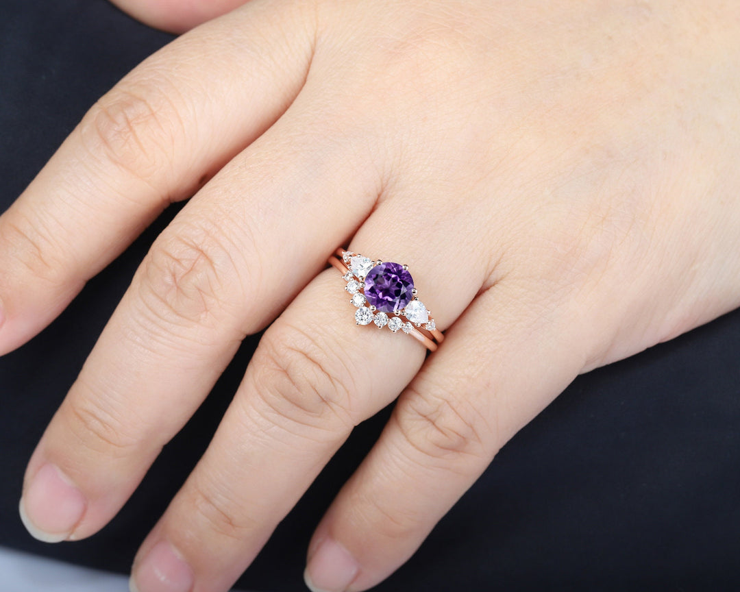 Vintage Round Amethyst and Moissanite Engagement Ring Set, Unique Rose Gold Amethyst Promise Ring, Amethyst Bridal Set Anniversary Ring Gift - ShainJewelry