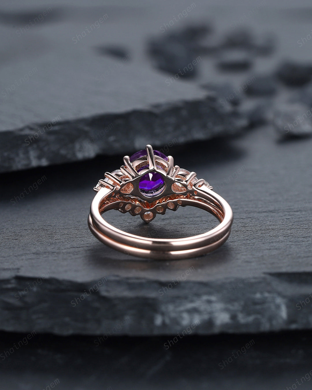 Vintage Round Amethyst and Moissanite Engagement Ring Set, Unique Rose Gold Amethyst Promise Ring, Amethyst Bridal Set Anniversary Ring Gift - ShainJewelry
