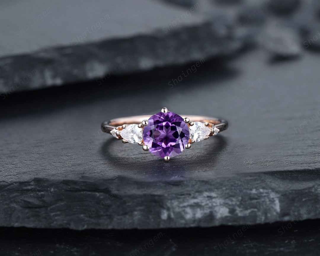 Vintage Round Amethyst and Moissanite Engagement Ring Set, Unique Rose Gold Amethyst Promise Ring, Amethyst Bridal Set Anniversary Ring Gift - ShainJewelry