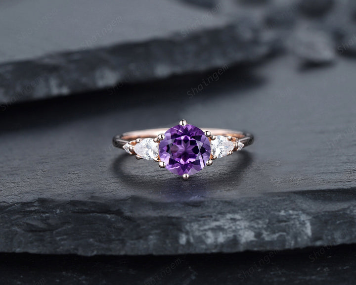 Vintage Round Amethyst and Moissanite Engagement Ring Set, Unique Rose Gold Amethyst Promise Ring, Amethyst Bridal Set Anniversary Ring Gift - ShainJewelry