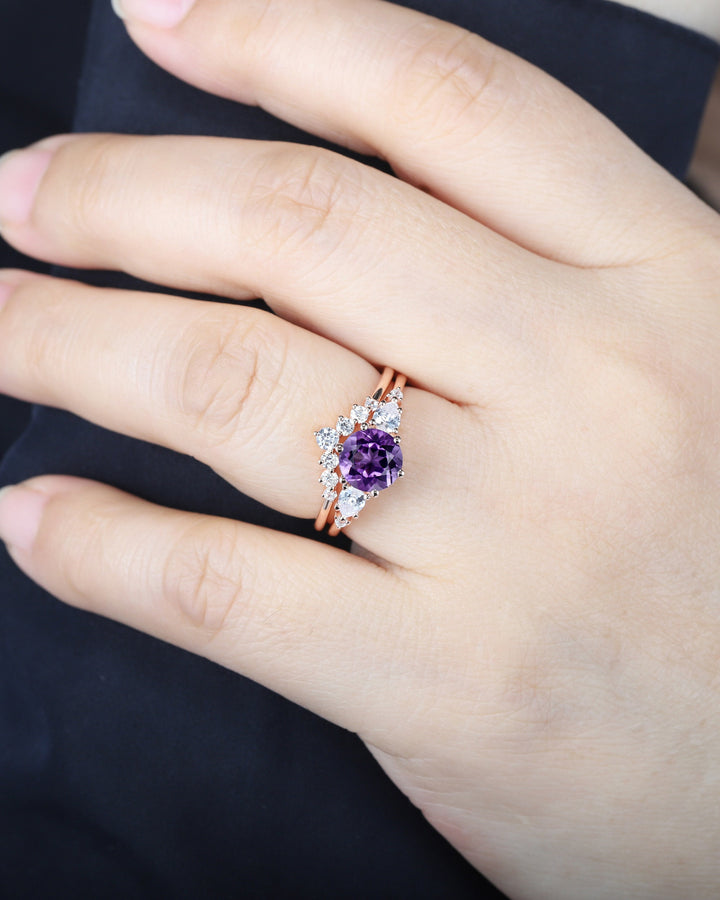 Vintage Round Amethyst and Moissanite Engagement Ring Set, Unique Rose Gold Amethyst Promise Ring, Amethyst Bridal Set Anniversary Ring Gift - ShainJewelry