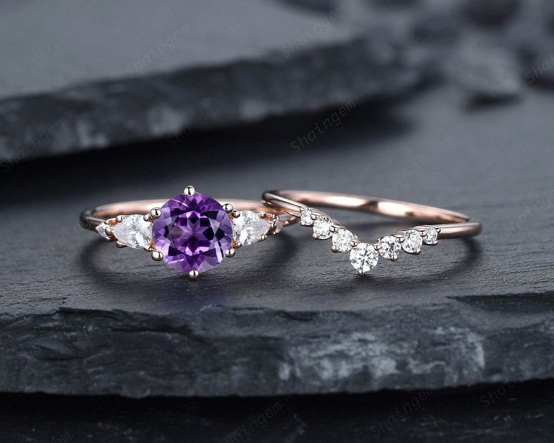 Vintage Round Amethyst and Moissanite Engagement Ring Set, Unique Rose Gold Amethyst Promise Ring, Amethyst Bridal Set Anniversary Ring Gift - ShainJewelry