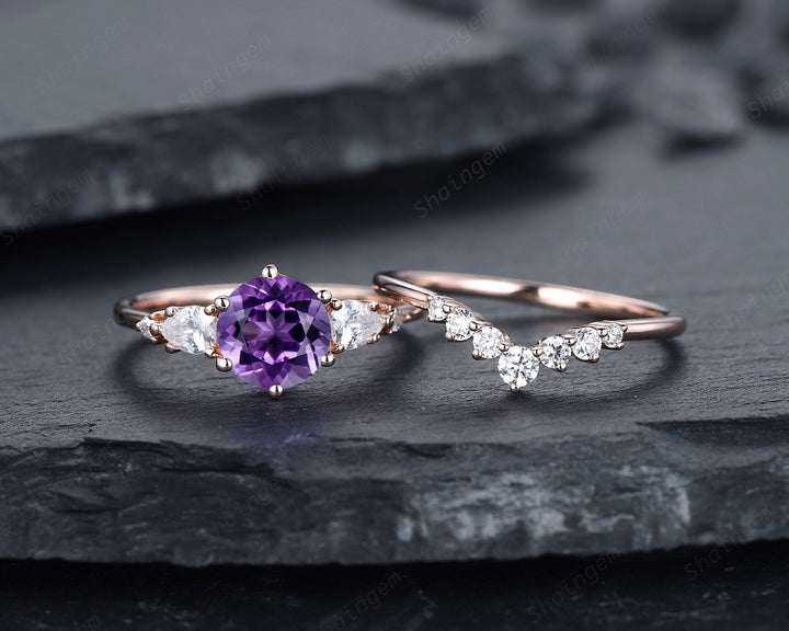 Vintage Round Amethyst and Moissanite Engagement Ring Set, Unique Rose Gold Amethyst Promise Ring, Amethyst Bridal Set Anniversary Ring Gift - ShainJewelry