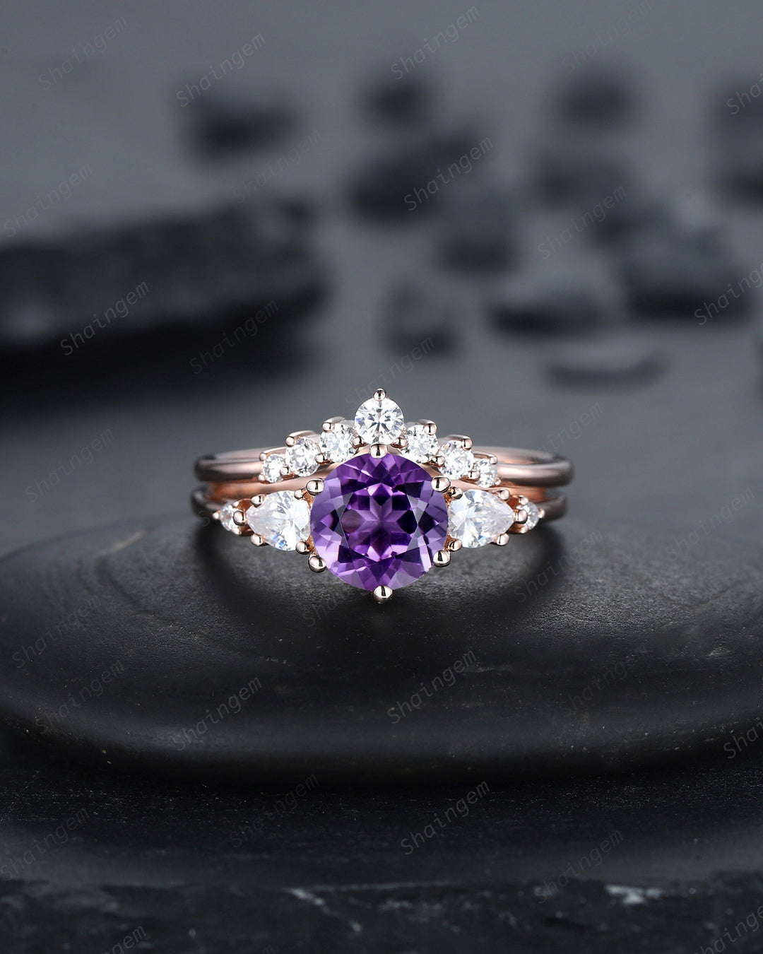 Vintage Round Amethyst and Moissanite Engagement Ring Set, Unique Rose Gold Amethyst Promise Ring, Amethyst Bridal Set Anniversary Ring Gift - ShainJewelry