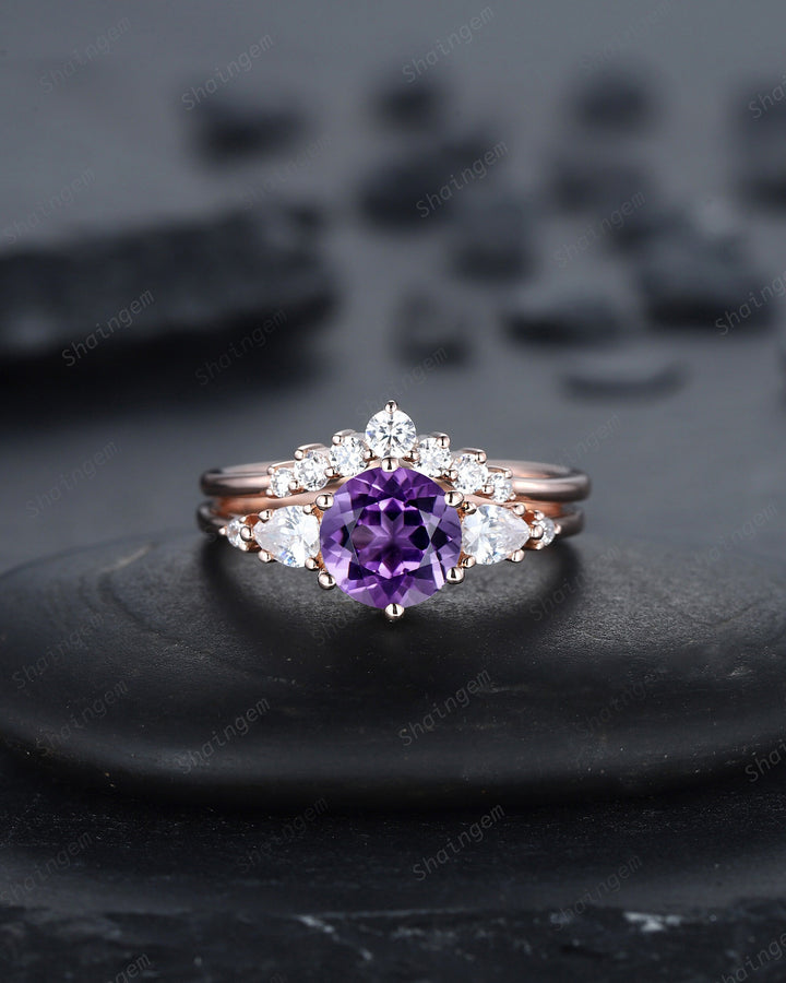 Vintage Round Amethyst and Moissanite Engagement Ring Set, Unique Rose Gold Amethyst Promise Ring, Amethyst Bridal Set Anniversary Ring Gift - ShainJewelry