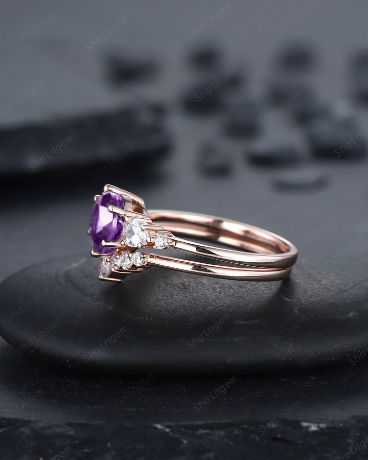 Vintage Round Amethyst and Moissanite Engagement Ring Set, Unique Rose Gold Amethyst Promise Ring, Amethyst Bridal Set Anniversary Ring Gift - ShainJewelry