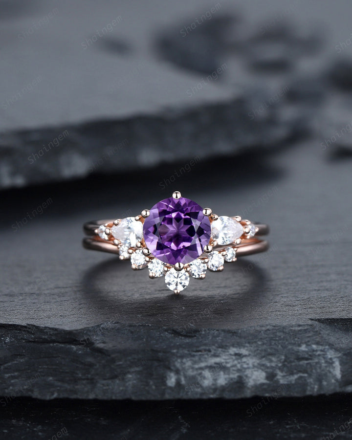 Vintage Round Amethyst and Moissanite Engagement Ring Set, Unique Rose Gold Amethyst Promise Ring, Amethyst Bridal Set Anniversary Ring Gift - ShainJewelry