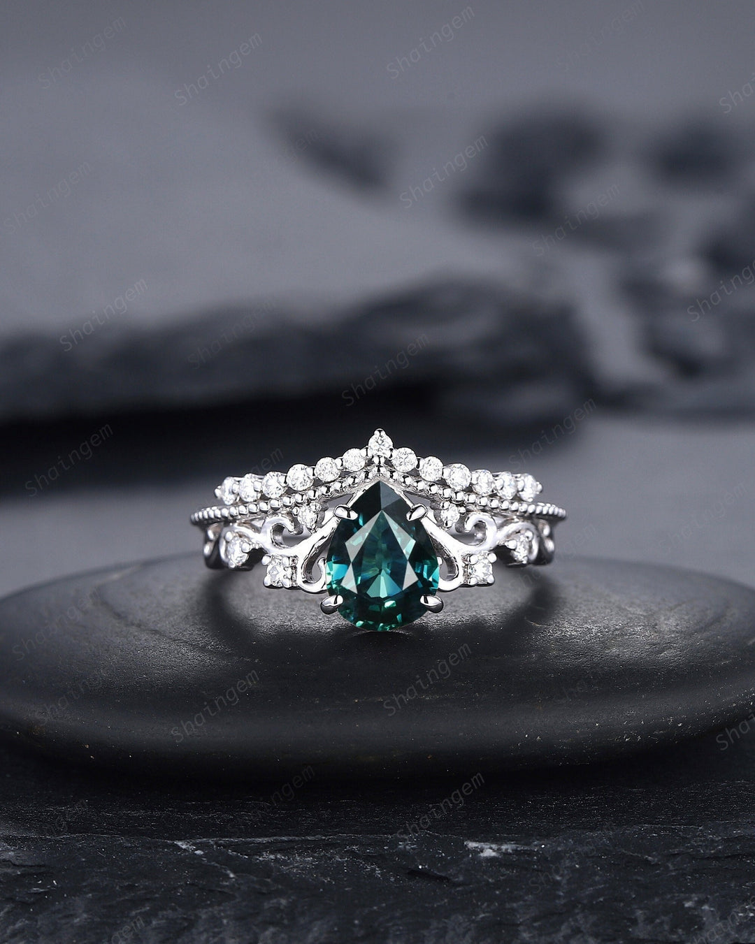 Unique Pear Natural Teal Sapphire and Diamond Engagement Ring, White Gold Green Sapphire Crown Wedding Promise Ring Anniversary Ring for her - ShainJewelry