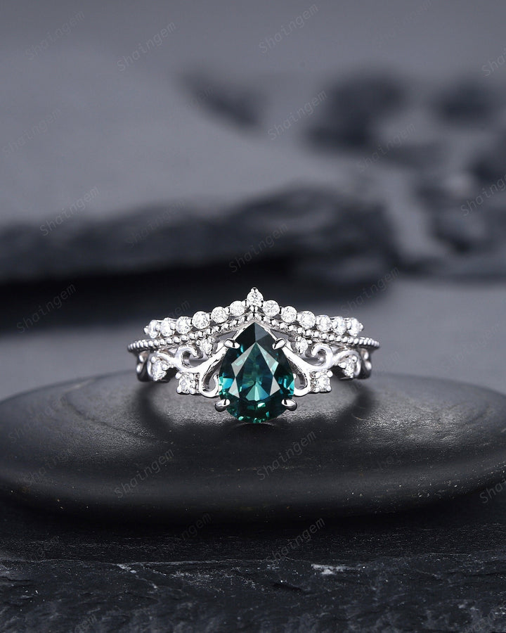 Unique Pear Natural Teal Sapphire and Diamond Engagement Ring, White Gold Green Sapphire Crown Wedding Promise Ring Anniversary Ring for her - ShainJewelry
