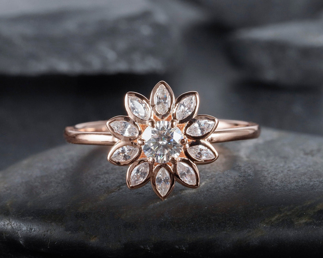 Vintage Sunflower Moissanite Engagement Ring Solid Rose Gold Bezel Setting Marquise Cut Round Moissanite Wedding Anniversary Promise Ring - ShainJewelry