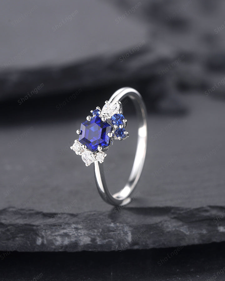 Vintage Hexagon Blue Sapphire Engagement Ring, Unique Cluster Sapphire Promise Ring, 14K White Gold Silver Wedding Ring September Birthstone - ShainJewelry
