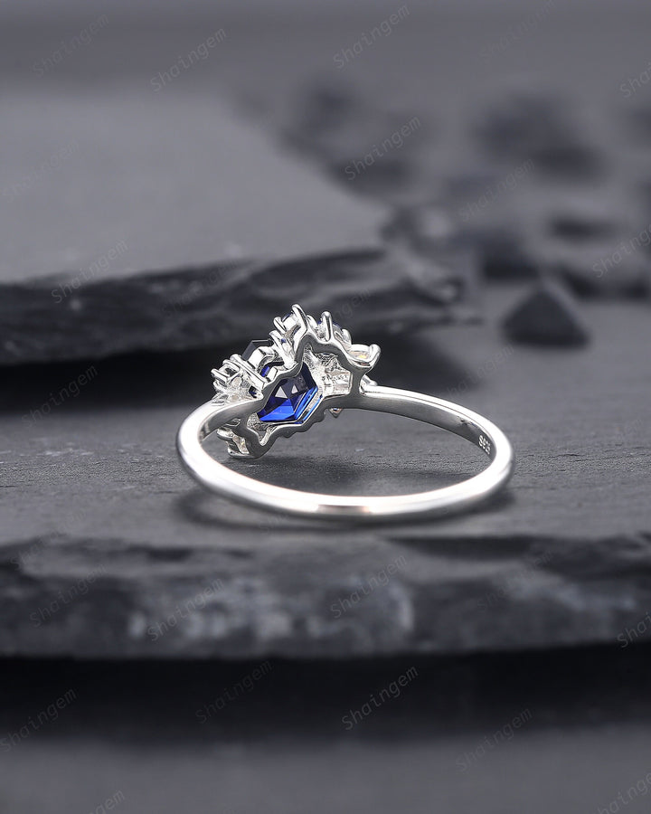 Vintage Hexagon Blue Sapphire Engagement Ring, Unique Cluster Sapphire Promise Ring, 14K White Gold Silver Wedding Ring September Birthstone - ShainJewelry