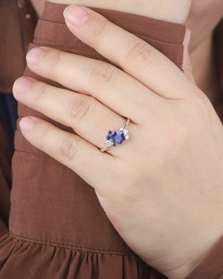 Vintage Hexagon Blue Sapphire Engagement Ring, Unique Cluster Sapphire Promise Ring, 14K White Gold Silver Wedding Ring September Birthstone - ShainJewelry