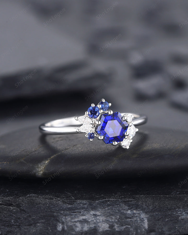 Vintage Hexagon Blue Sapphire Engagement Ring, Unique Cluster Sapphire Promise Ring, 14K White Gold Silver Wedding Ring September Birthstone - ShainJewelry