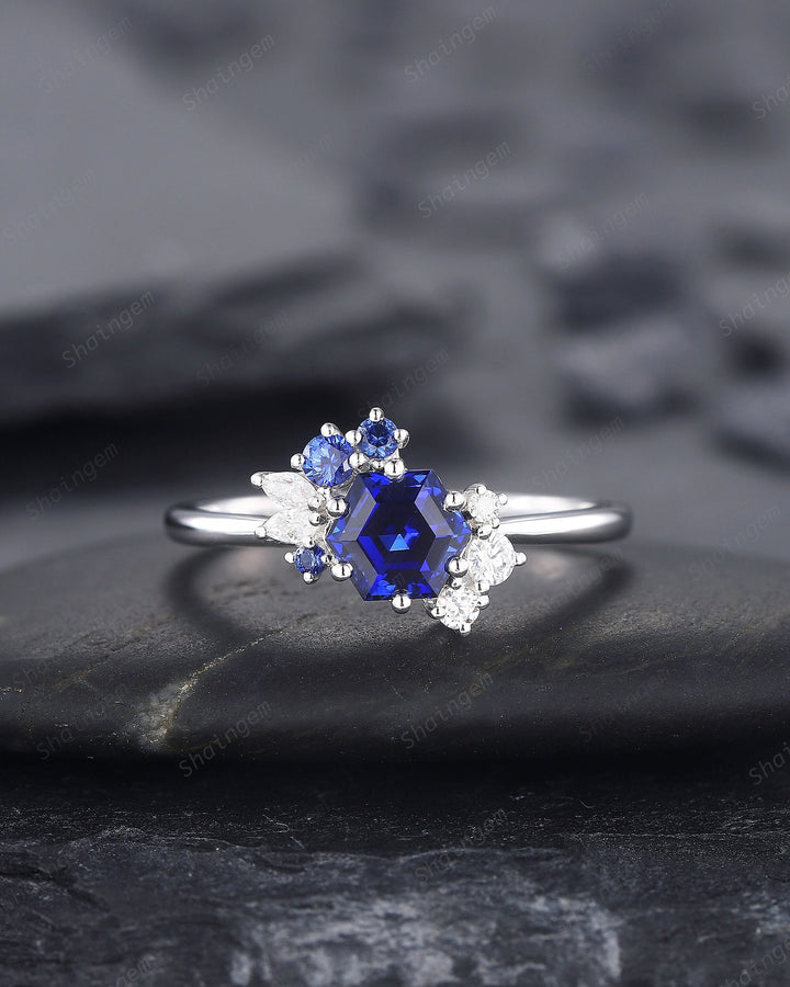 Vintage Hexagon Blue Sapphire Engagement Ring, Unique Cluster Sapphire Promise Ring, 14K White Gold Silver Wedding Ring September Birthstone - ShainJewelry