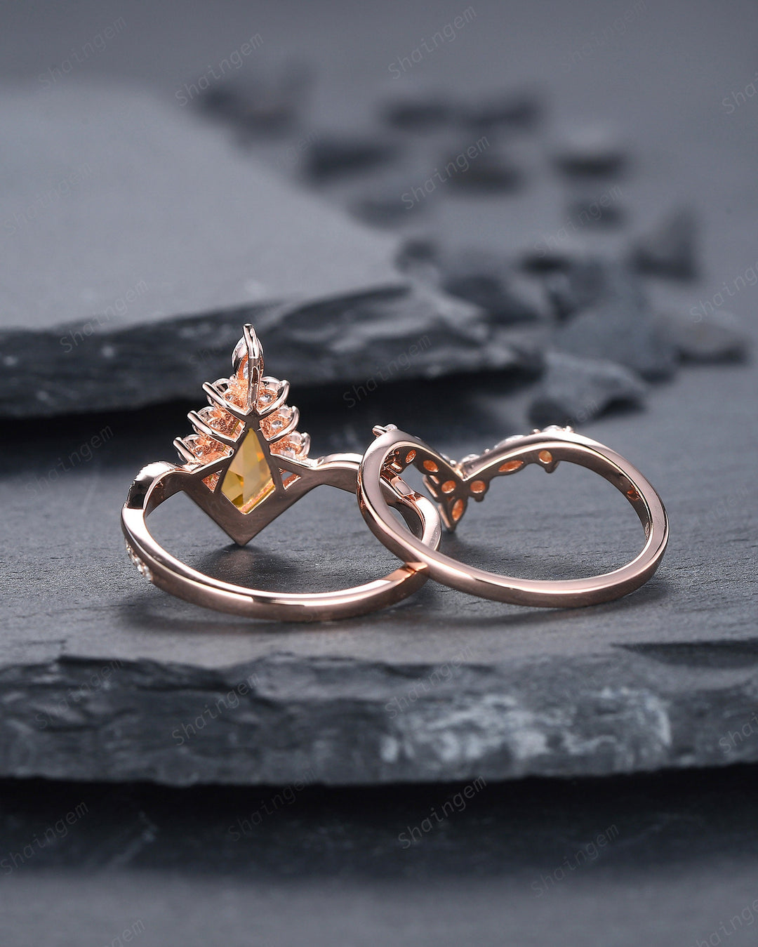 Kite Cut Citrine Ring Set, Vintage 14K Rose Gold Citrine Halo Engagement Ring Set, Citrine Bridal Set, Promise Wedding Ring Gift for Women - ShainJewelry