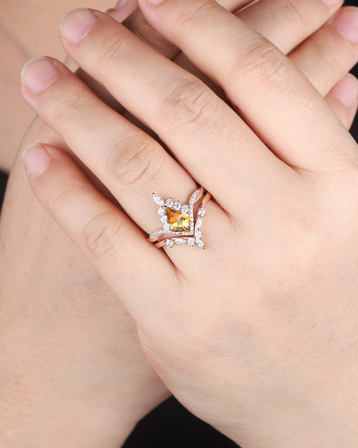 Kite Cut Citrine Ring Set, Vintage 14K Rose Gold Citrine Halo Engagement Ring Set, Citrine Bridal Set, Promise Wedding Ring Gift for Women - ShainJewelry