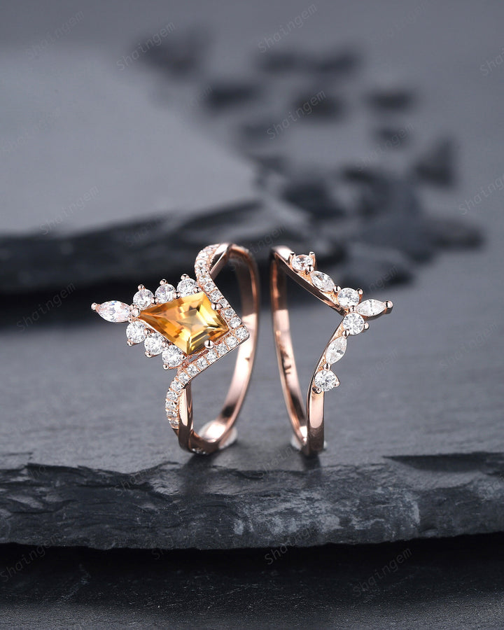 Kite Cut Citrine Ring Set, Vintage 14K Rose Gold Citrine Halo Engagement Ring Set, Citrine Bridal Set, Promise Wedding Ring Gift for Women - ShainJewelry