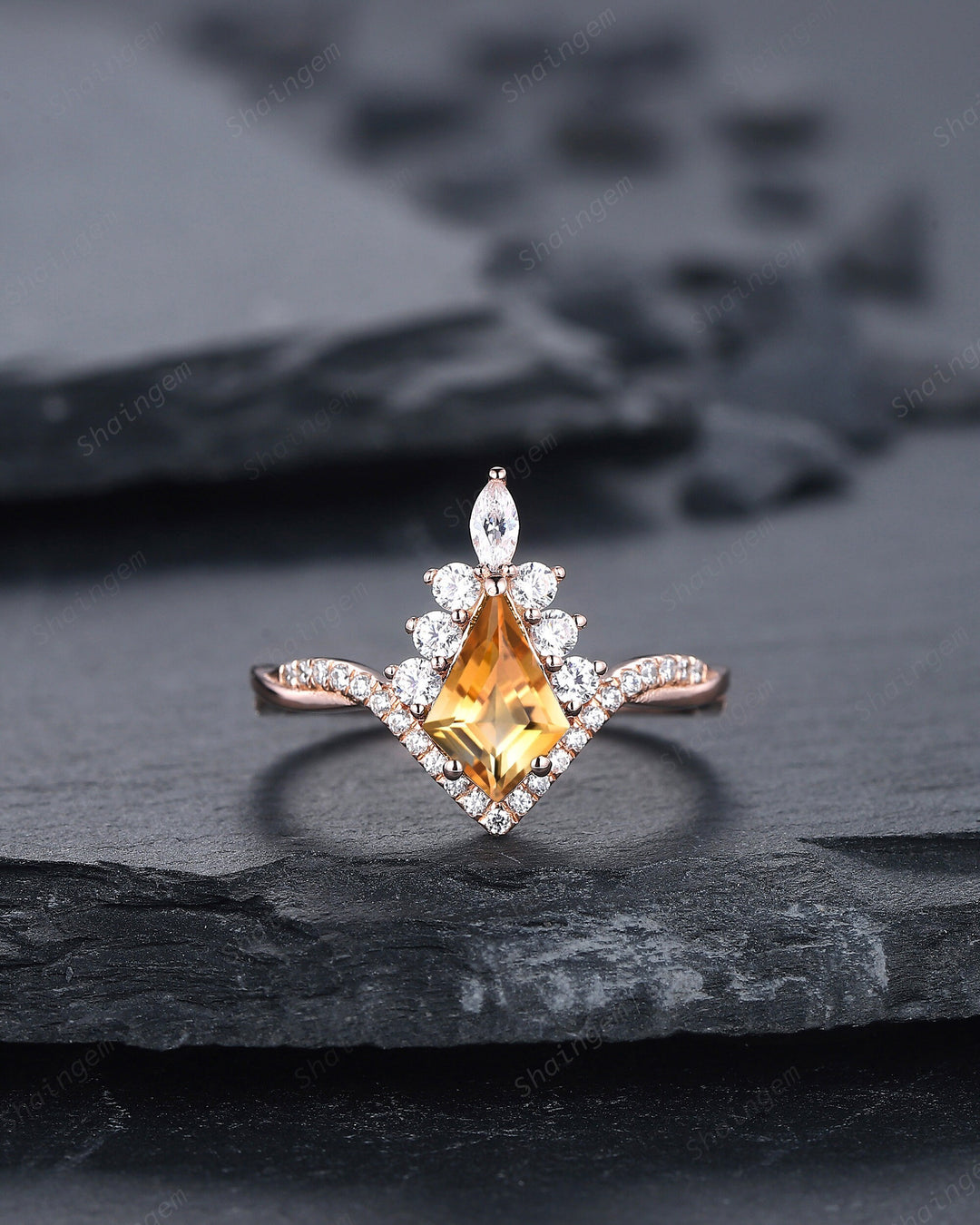 Kite Cut Citrine Ring Set, Vintage 14K Rose Gold Citrine Halo Engagement Ring Set, Citrine Bridal Set, Promise Wedding Ring Gift for Women - ShainJewelry