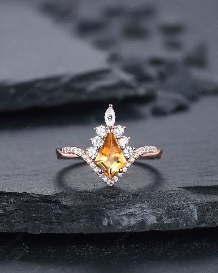Kite Cut Citrine Ring Set, Vintage 14K Rose Gold Citrine Halo Engagement Ring Set, Citrine Bridal Set, Promise Wedding Ring Gift for Women - ShainJewelry