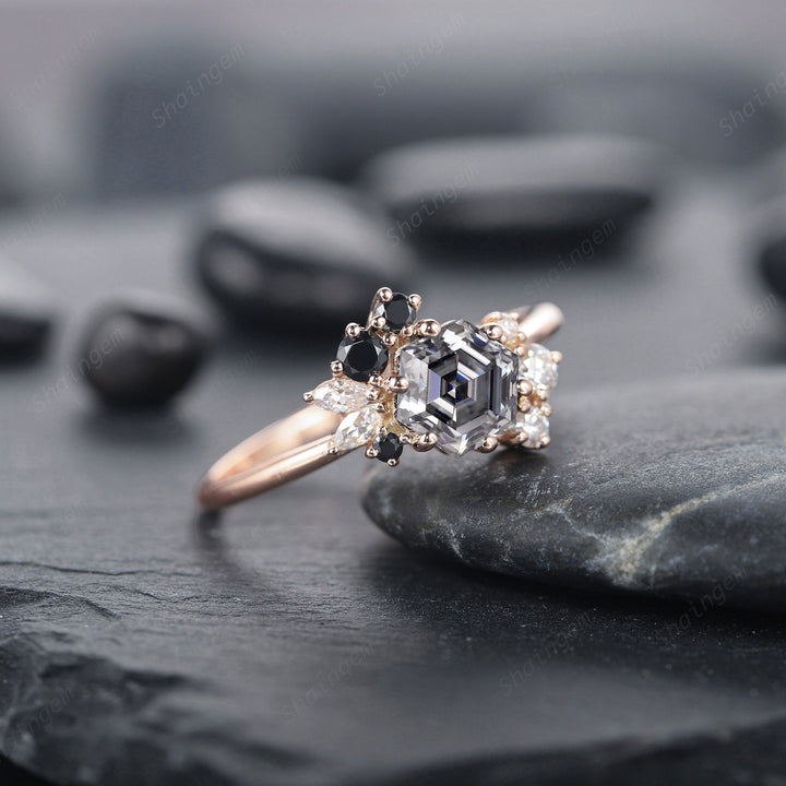 Vintage Hexagon Gray Moissanite Cluster Engagement Ring, 14K Rose Gold Black Moissanite Wedding Promise Ring Anniversary Gift for women - ShainJewelry