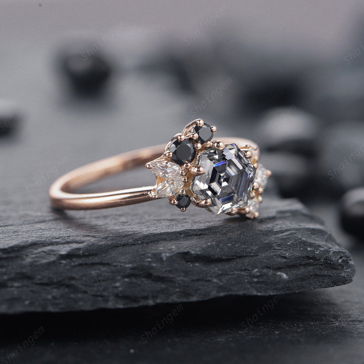 Vintage Hexagon Gray Moissanite Cluster Engagement Ring, 14K Rose Gold Black Moissanite Wedding Promise Ring Anniversary Gift for women - ShainJewelry