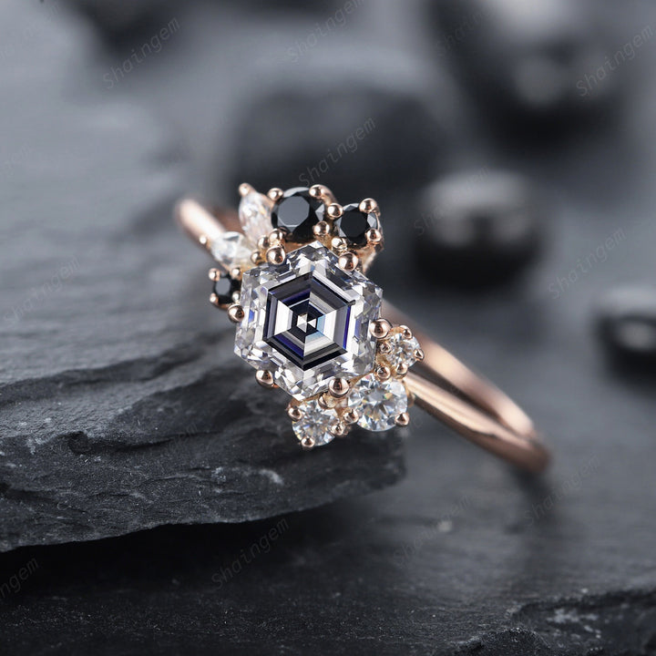 Vintage Hexagon Gray Moissanite Cluster Engagement Ring, 14K Rose Gold Black Moissanite Wedding Promise Ring Anniversary Gift for women - ShainJewelry