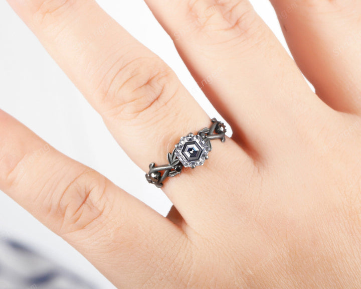 Gothic Black Gold Finish Hexagon Gray Moissanite Engagement Ring, Rhodium Black Leaf Twig Branch Grey Moissanite Promise Anniversary Ring - ShainJewelry