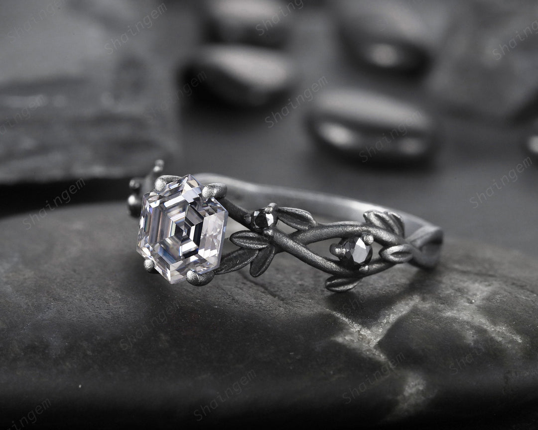 Gothic Black Gold Finish Hexagon Gray Moissanite Engagement Ring, Rhodium Black Leaf Twig Branch Grey Moissanite Promise Anniversary Ring - ShainJewelry