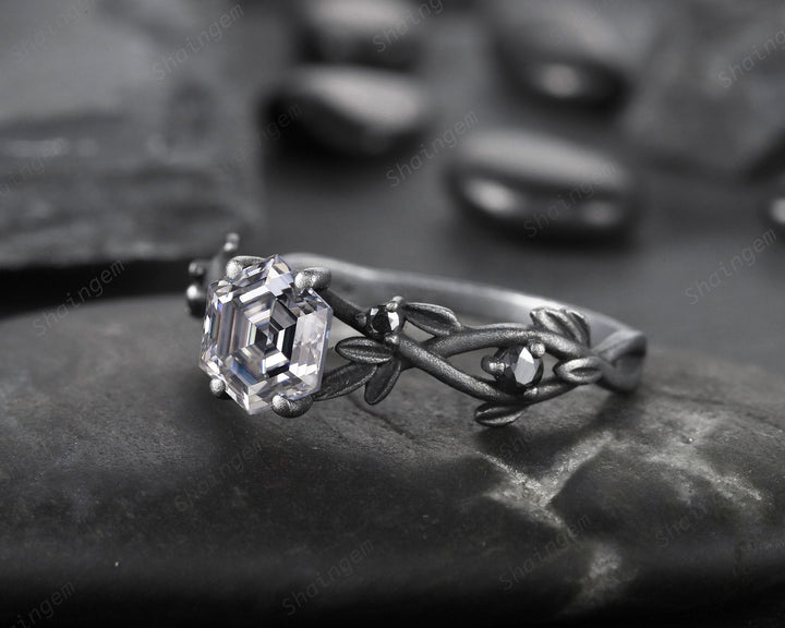 Gothic Black Gold Finish Hexagon Gray Moissanite Engagement Ring, Rhodium Black Leaf Twig Branch Grey Moissanite Promise Anniversary Ring - ShainJewelry