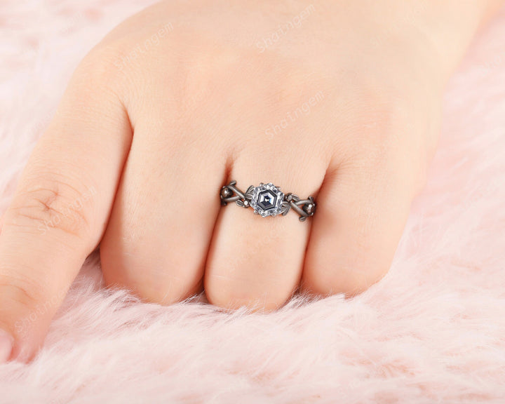 Gothic Black Gold Finish Hexagon Gray Moissanite Engagement Ring, Rhodium Black Leaf Twig Branch Grey Moissanite Promise Anniversary Ring - ShainJewelry