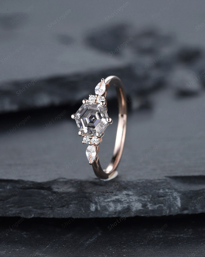 Unique Hexagon Gray Moissanite Engagement Ring Set, Vintage Moissanite and Diamond Wedding Ring, 14K Rose Gold Moissanite Promise Ring Gift - ShainJewelry