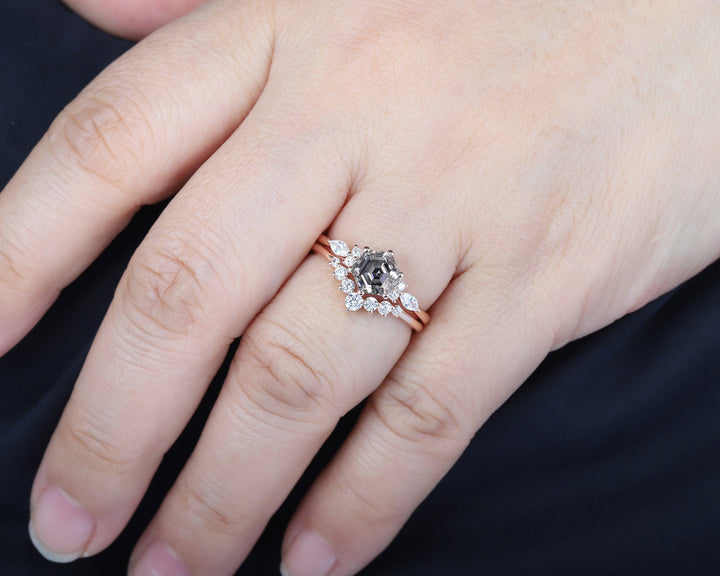Unique Hexagon Gray Moissanite Engagement Ring Set, Vintage Moissanite and Diamond Wedding Ring, 14K Rose Gold Moissanite Promise Ring Gift - ShainJewelry