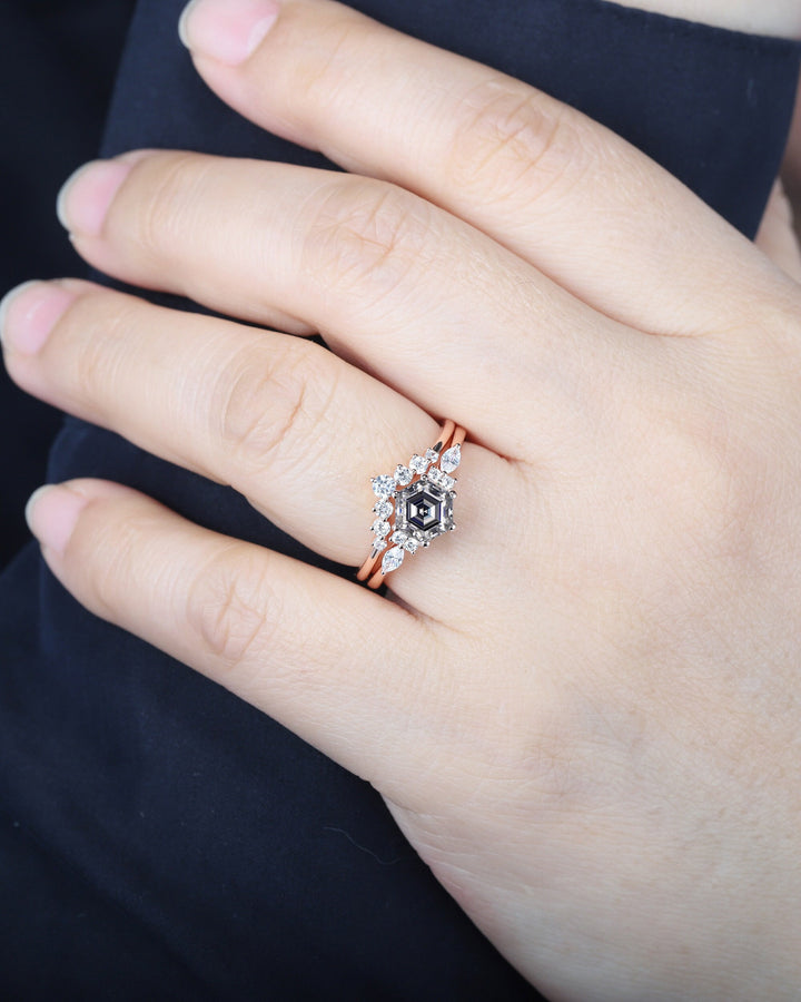 Unique Hexagon Gray Moissanite Engagement Ring Set, Vintage Moissanite and Diamond Wedding Ring, 14K Rose Gold Moissanite Promise Ring Gift - ShainJewelry