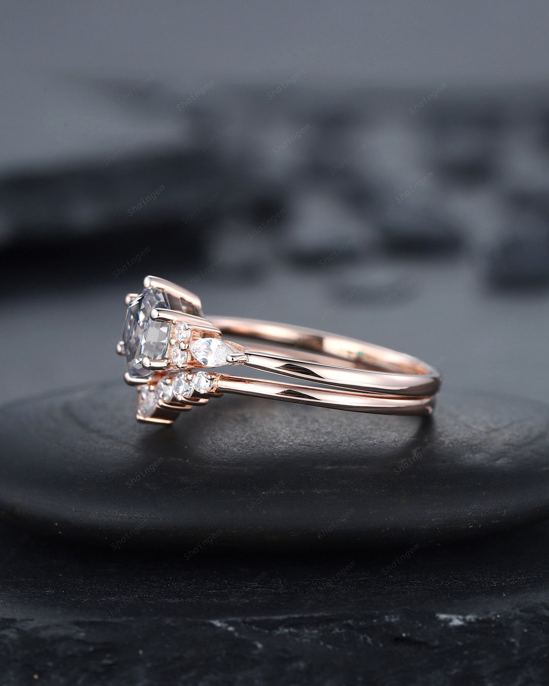 Unique Hexagon Gray Moissanite Engagement Ring Set, Vintage Moissanite and Diamond Wedding Ring, 14K Rose Gold Moissanite Promise Ring Gift - ShainJewelry