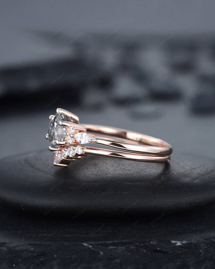 Unique Hexagon Gray Moissanite Engagement Ring Set, Vintage Moissanite and Diamond Wedding Ring, 14K Rose Gold Moissanite Promise Ring Gift - ShainJewelry