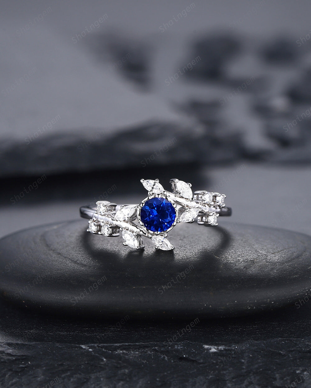Unique Natural Loyal Blue Sapphire and Diamond Engagement Ring, 14K 18K White Gold and Leaf Promise Ring, Vintage Sapphire Wedding Ring Gift - ShainJewelry