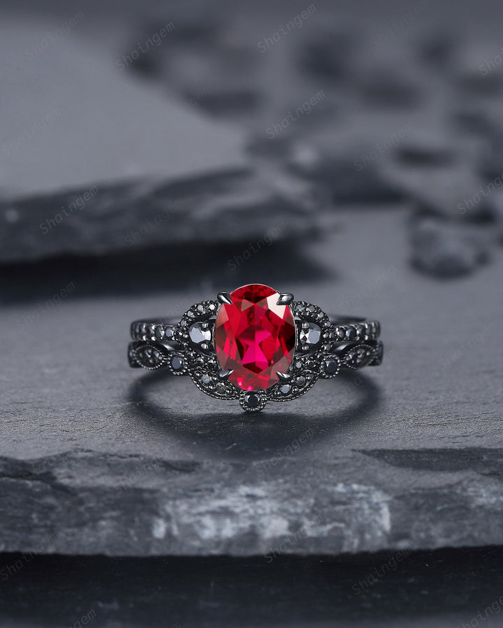 Gothic Black Oval Ruby Engagement Ring Set, Black Gold Finish Ruby Promise Ring Set Vintage Rhodium Black Moissanite Bridal Set Gift for Her - ShainJewelry
